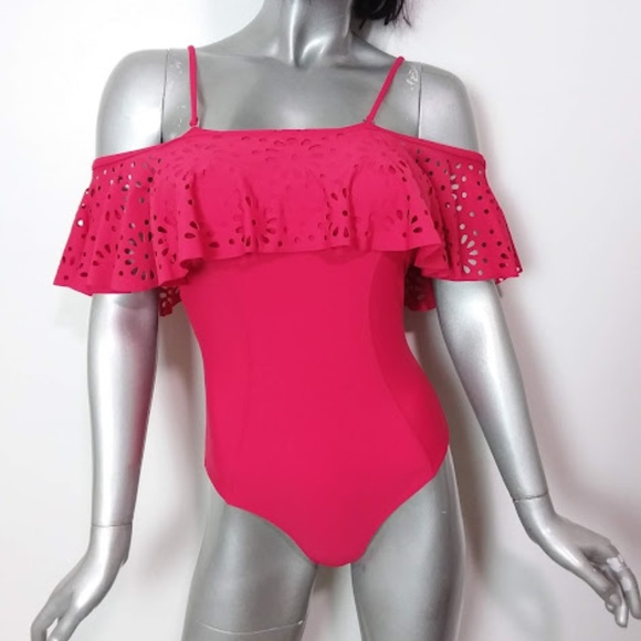 SALE!!Small Solid Red Off-the-shoulder Ruffles One-piece Swimsuit Sexy High Rise - Picture 2 of 6